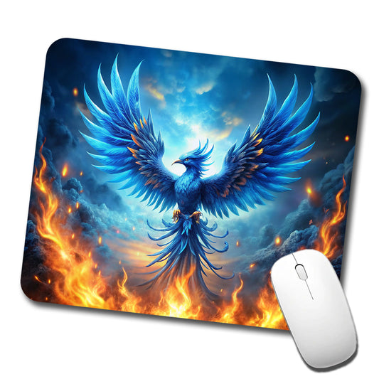 Blue Flaming Phoenix Rising From Ashes Fantasy Bird Low Profile Mouse Pad Mat