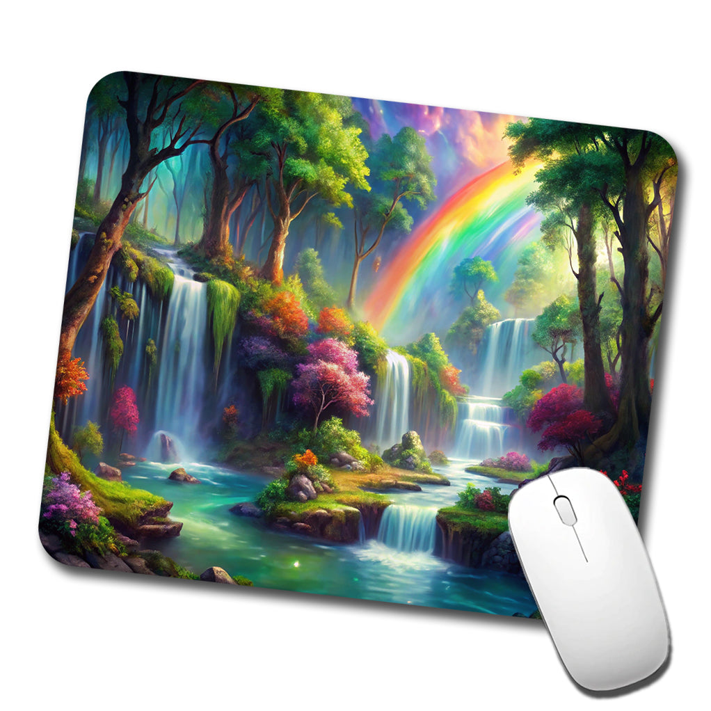 Fantasy Forest Rainbow Waterfalls Watercolor Low Profile Mouse Pad Mat