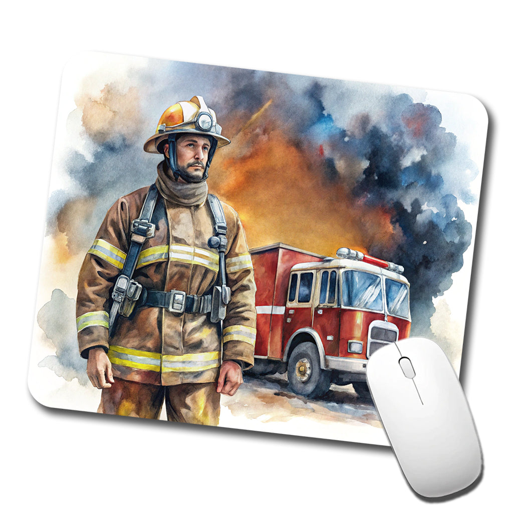 Firefighter and Fire Engine Watercolor Low Profile Mouse Pad Mat