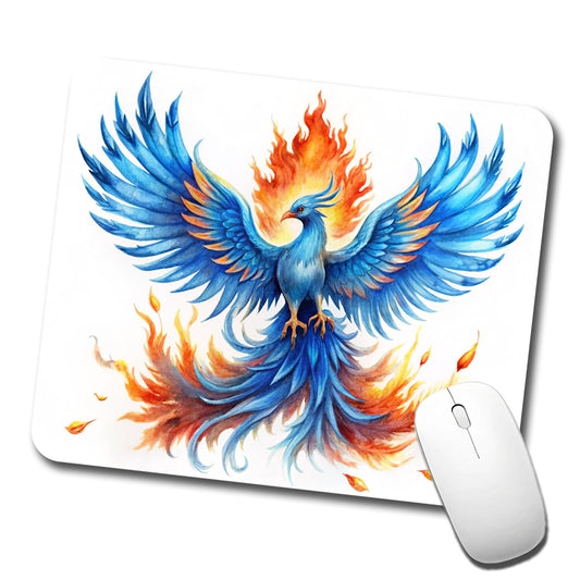 Flaming Blue Phoenix Rising Fantasy Watercolor Low Profile Mouse Pad Mat