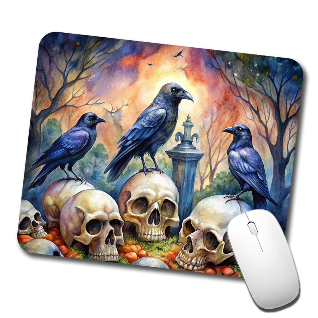 Gothic Raven Death Skulls Watercolor Low Profile Mouse Pad Mat