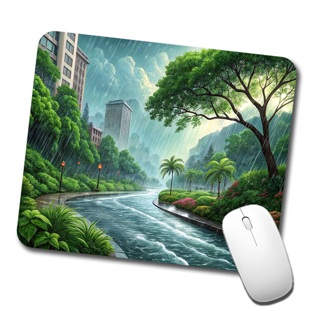 Heavy Monsoon Rain Storm City Landscape Low Profile Mouse Pad Mat