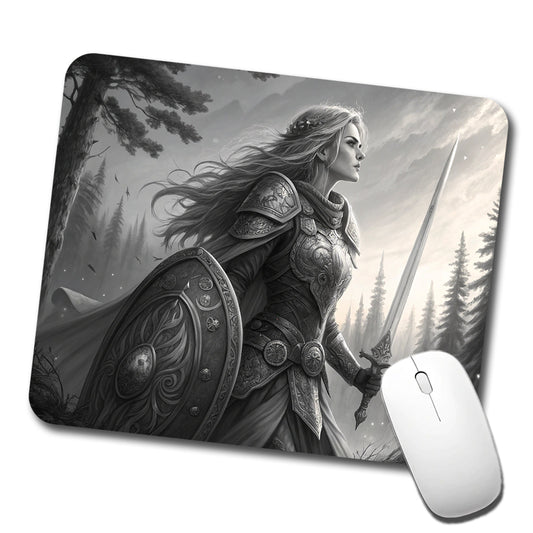Nordic Viking Fantasy Woman Warrior Black And White Low Profile Mouse Pad Mat
