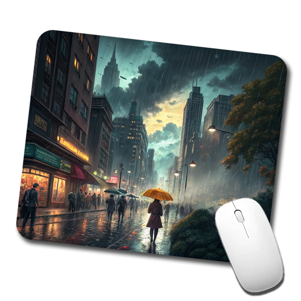 Rain Storm In The City at Night Low Profile Mouse Pad Mat