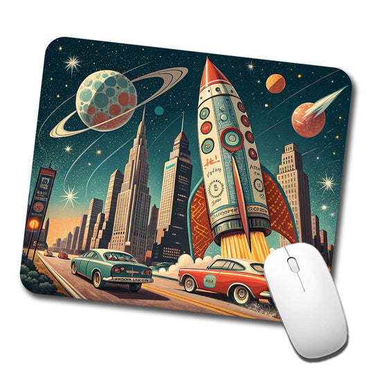 Retro Sci-fi 60's Poster Art Rocket Low Profile Mouse Pad Mat