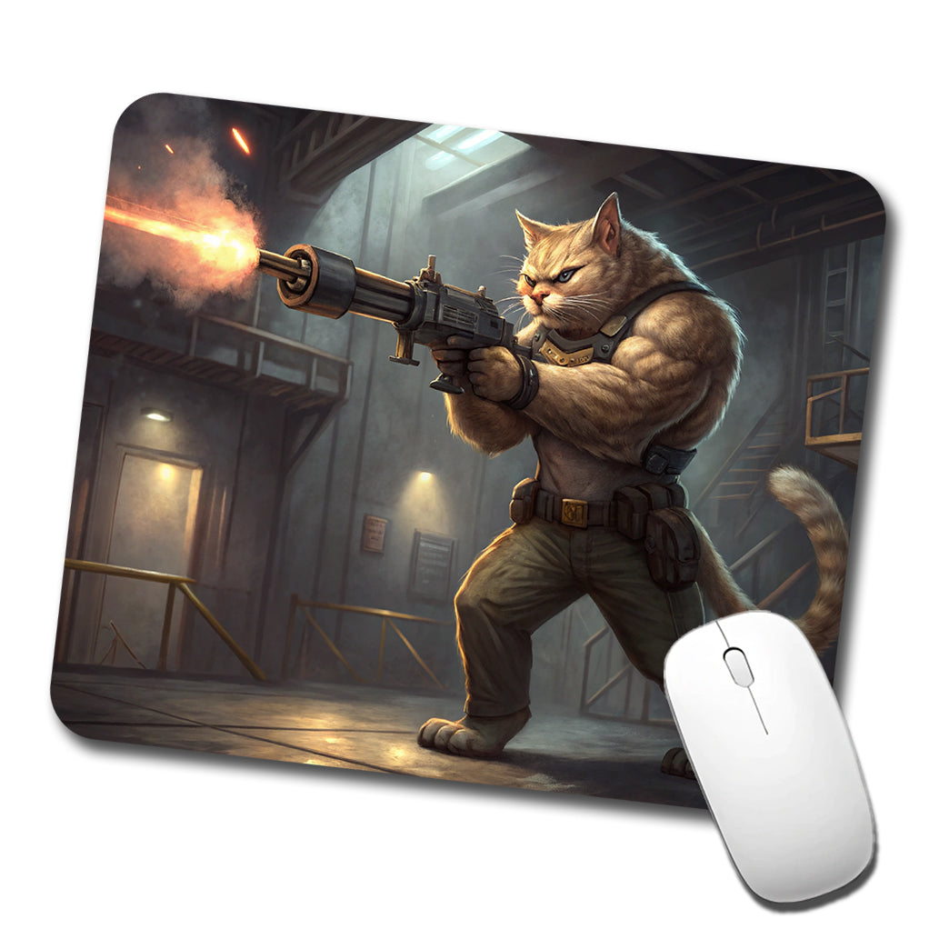 Sci-fi Action Hero Cat Shooting A Machine Gun Low Profile Mouse Pad Mat