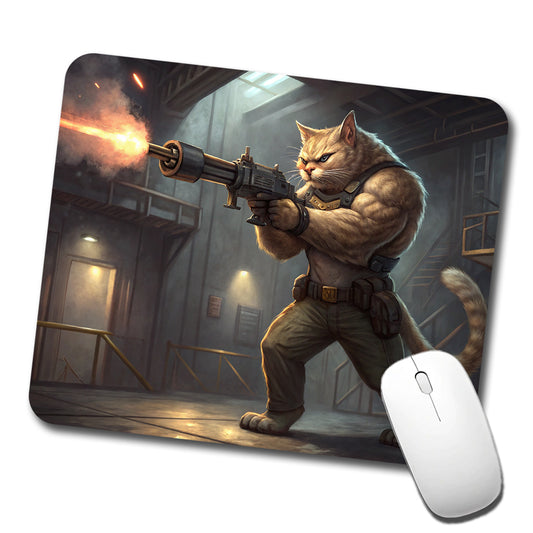 Sci-fi Action Hero Cat Shooting A Machine Gun Low Profile Mouse Pad Mat