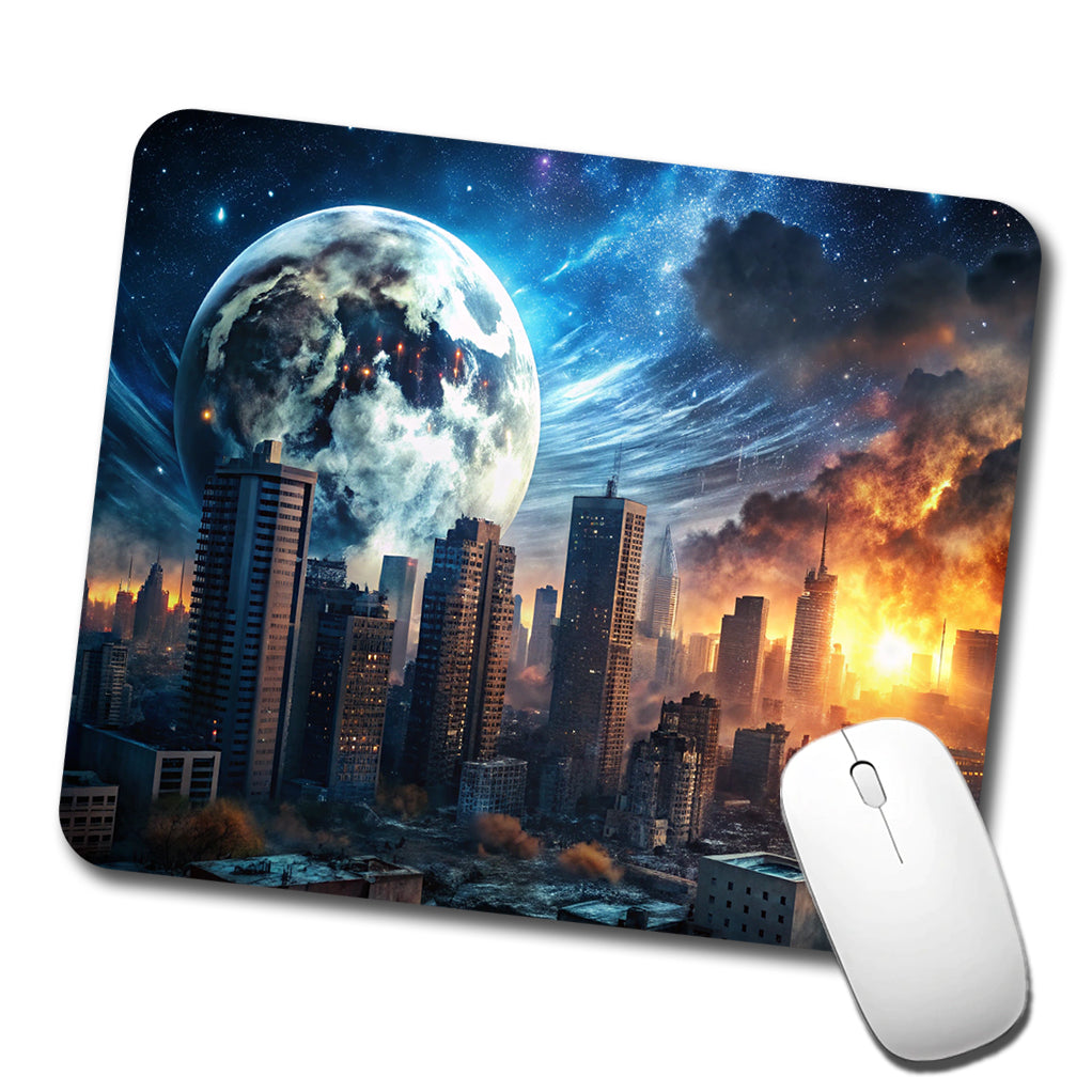 Sci-fi Apocalypse Cityscape City At Night Under a Large Full Moon Low Profile Mouse Pad Mat