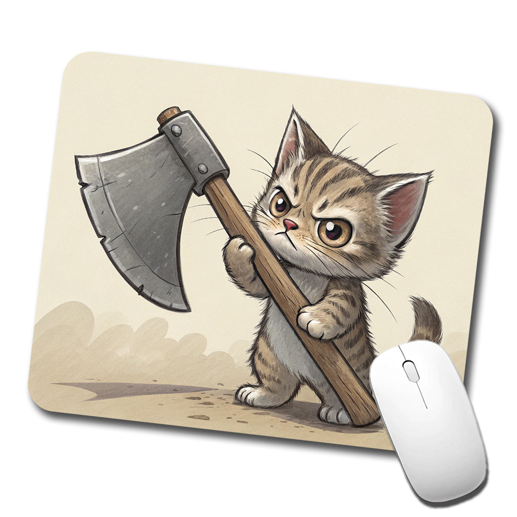 Small Cat Kitten Wielding a Large Axe Funny Fantasy Low Profile Mouse Pad Mat
