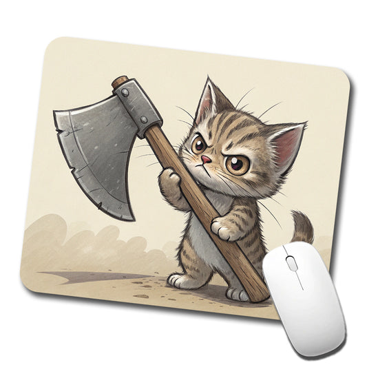 Small Cat Kitten Wielding a Large Axe Funny Fantasy Low Profile Mouse Pad Mat