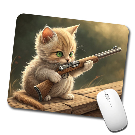 Small Cute Fuzzy Cat Kitten with a Shotgun Funny Low Profile Mouse Pad Mat