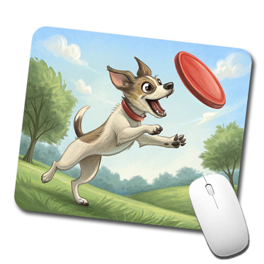 Small Dog Catching a Flying Disc Low Profile Mouse Pad Mat