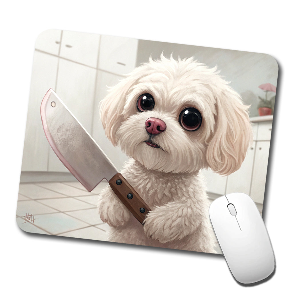 Small Fluffy Dog with a Butcher Knife Funny Scary Halloween Low Profile Mouse Pad Mat