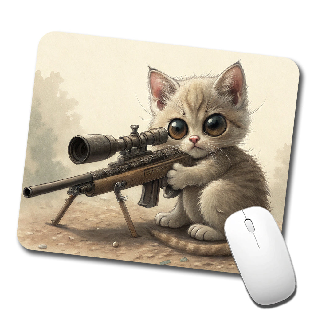 Small Fuzzy Cat Kitten With A Sniper Rifle Funny Low Profile Mouse Pad Mat