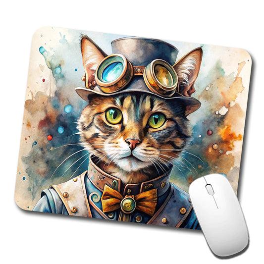 Steampunk Cat Hat and Goggles Watercolor Low Profile Mouse Pad Mat