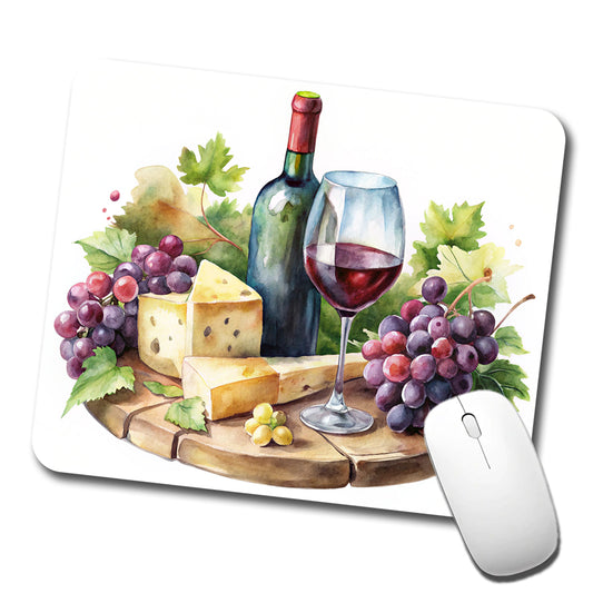 Wine Cheese Grapes on Board Watercolor Low Profile Mouse Pad Mat