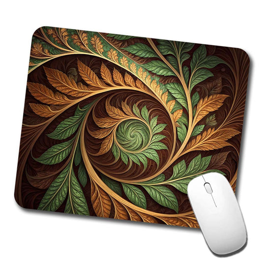 Abstract Brown Green Leaves Swirl Low Profile Mouse Pad Mat