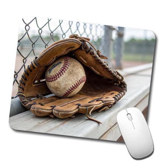 Baseball Glove With Baseball on Dugout Bench Low Profile Mouse Pad Mat