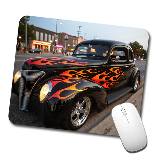 Black Hot Rod Classic Car With Flames Low Profile Mouse Pad Mat
