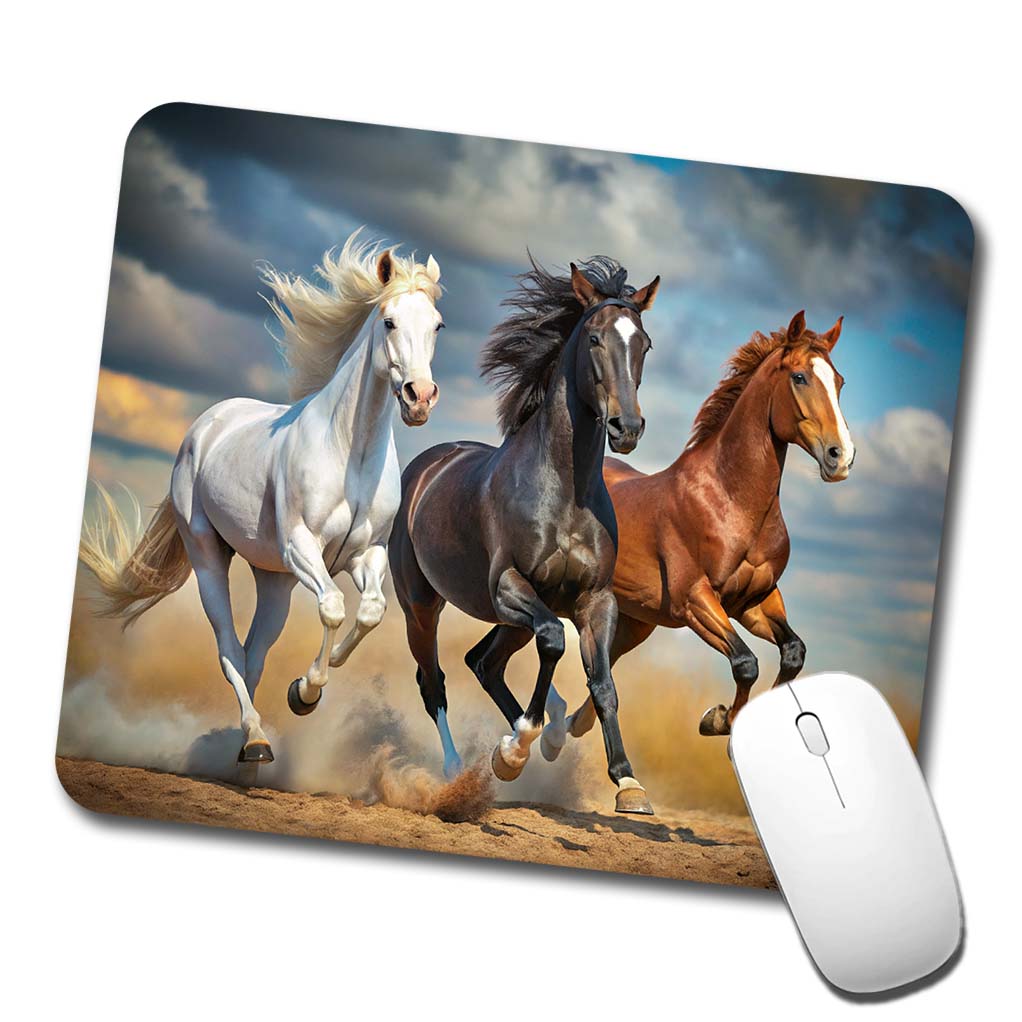 Black White and Brown Horses Galloping Low Profile Mouse Pad Mat