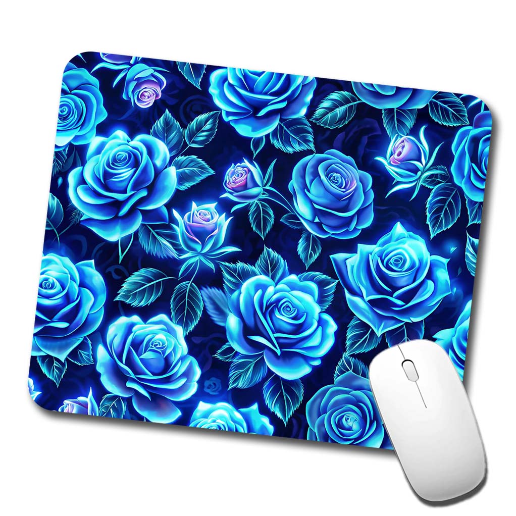 Blue Neon Rose Floral Pattern Low Profile Mouse Pad Mat