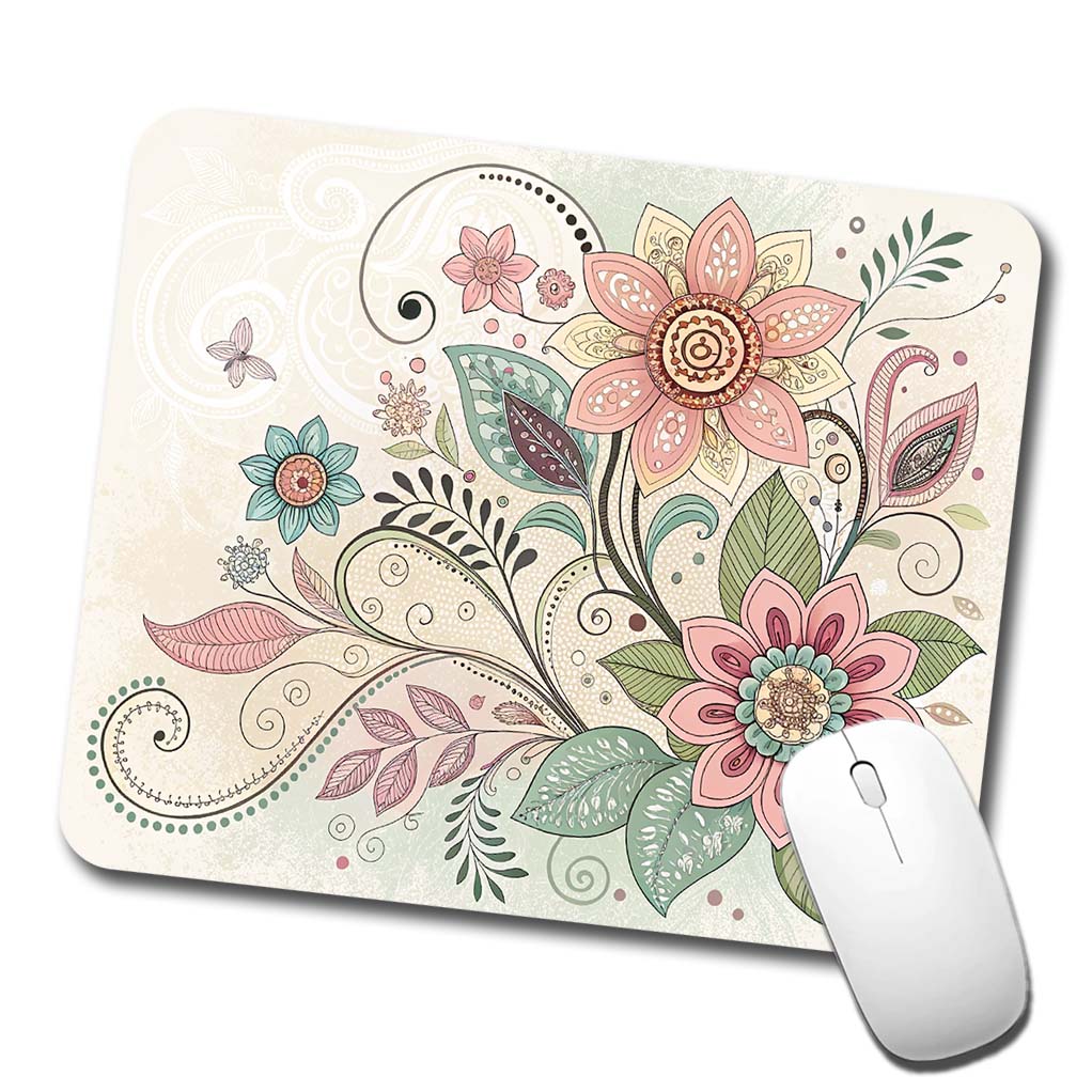 Boho Floral Flowers Leaves Low Profile Mouse Pad Mat