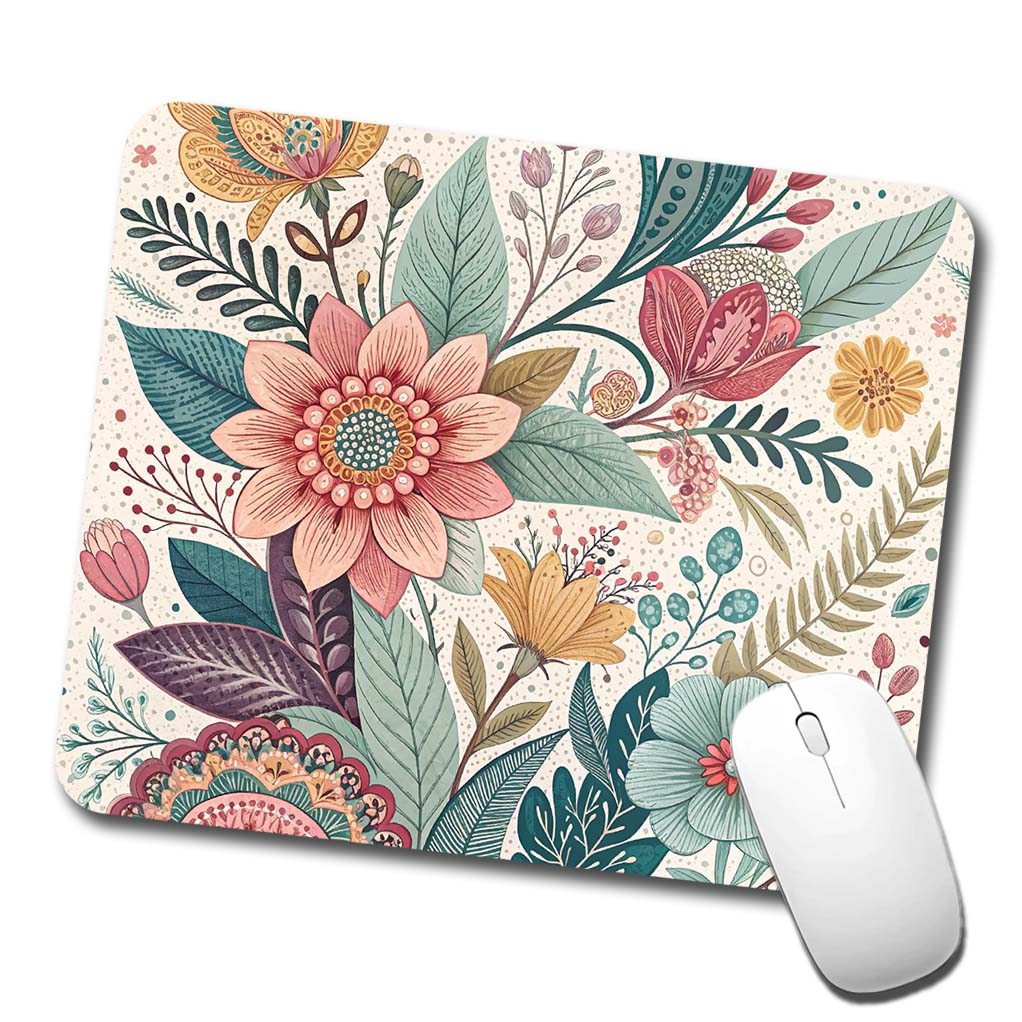 Boho Pastel Floral Pattern Low Profile Mouse Pad Mat