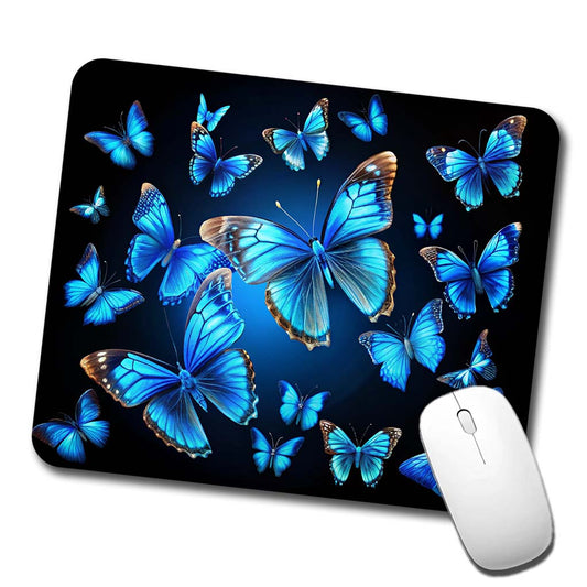 Bright Neon Blue Butterflies Low Profile Mouse Pad Mat