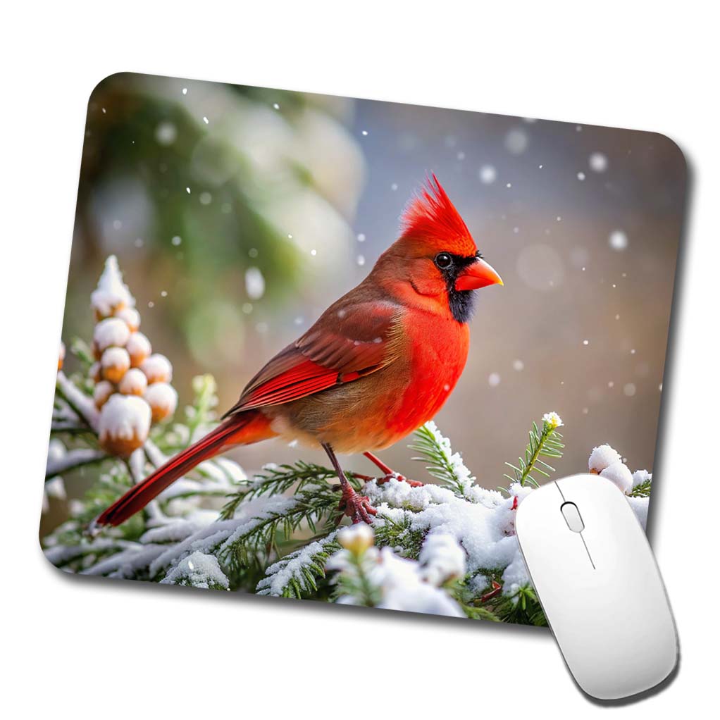 Cardinal In Winter Backyard Bird Low Profile Mouse Pad Mat