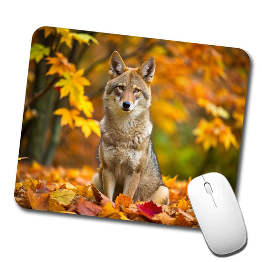 Coyote Sitting In The Fall Leaves Low Profile Mouse Pad Mat