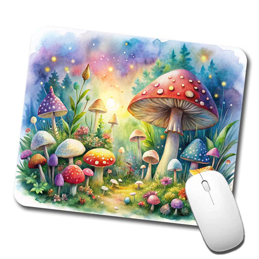 Fantastical Magical Mushroom Garden Watercolor Low Profile Mouse Pad Mat