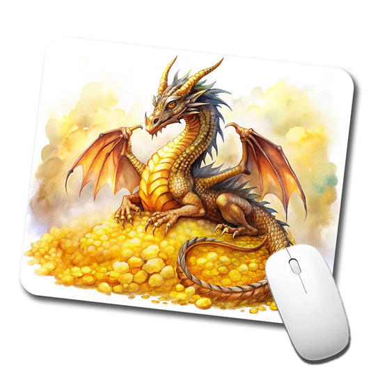 Fantasy Dragon Laying on Gold Watercolor Low Profile Mouse Pad Mat