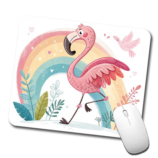 Flamingo and Rainbow Children's Illustration Style Low Profile Mouse Pad Mat