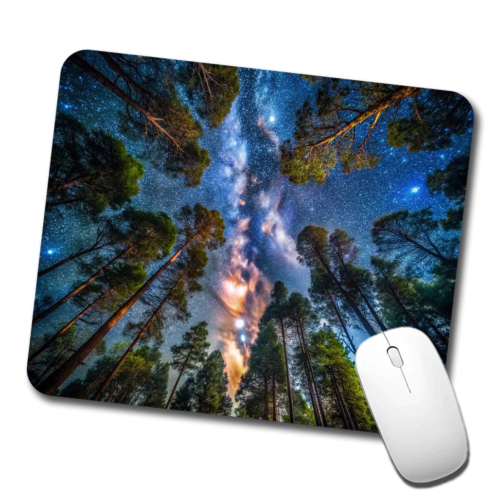 Forest Trees and Starry Night Sky Low Profile Mouse Pad Mat