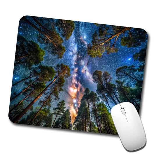 Forest Trees and Starry Night Sky Low Profile Mouse Pad Mat