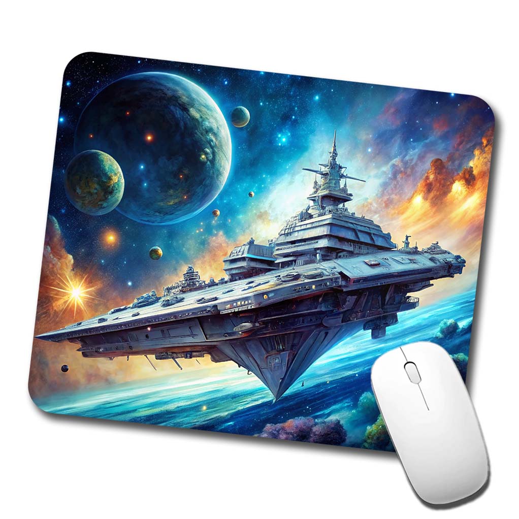 Giant Sci-Fi Warship In Space Watercolor Low Profile Mouse Pad Mat