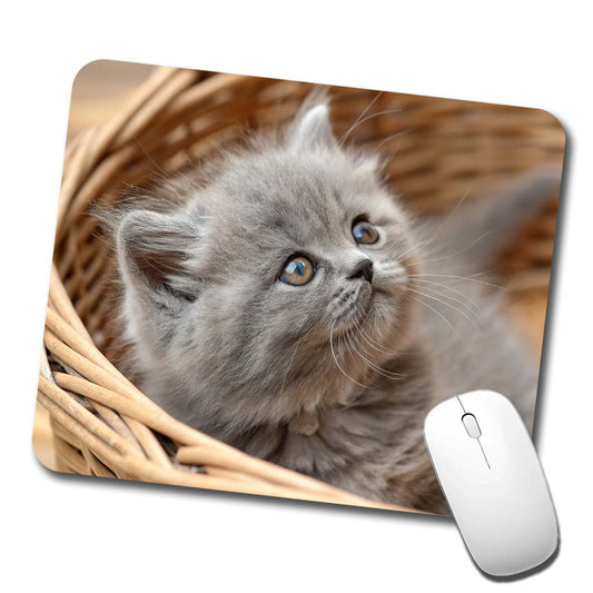 Gray British Longhair Kitten in a Basket Low Profile Mouse Pad Mat