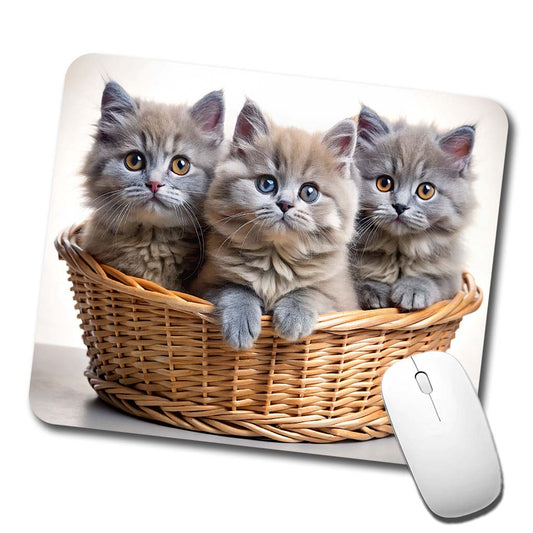 Gray British Longhair Kittens In A Basket Low Profile Mouse Pad Mat