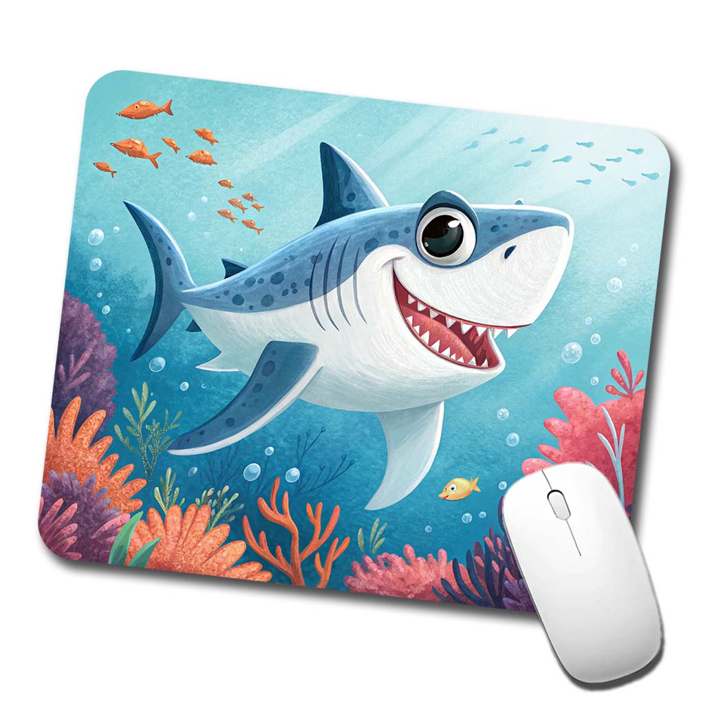 Great White Shark Children's Illustration Style Low Profile Mouse Pad Mat