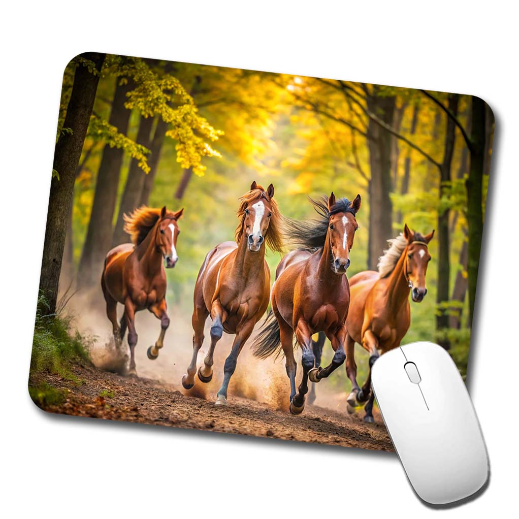 Horses Galloping Through The Forest Low Profile Mouse Pad Mat