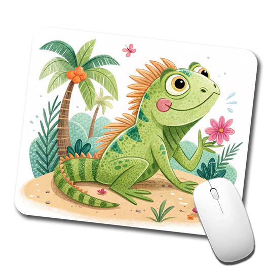 Iguana Lizard Children's Illustration Style Low Profile Mouse Pad Mat
