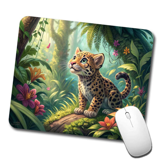 Jaguar Cat In Jungle Children's Illustration Style Low Profile Mouse Pad Mat