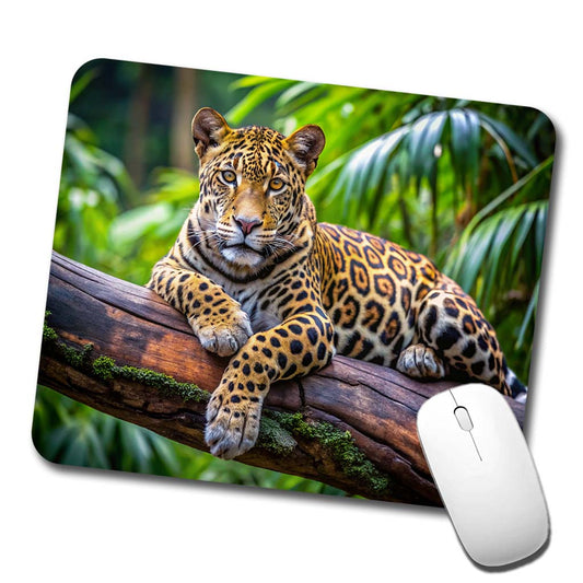 Jaguar Lying On Tree Limb In Jungle Low Profile Mouse Pad Mat