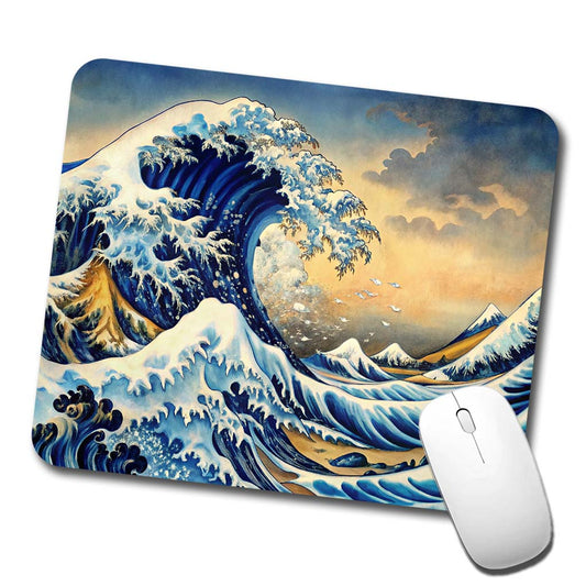 Japanese Blue Ocean Waves Ink Painting Low Profile Mouse Pad Mat