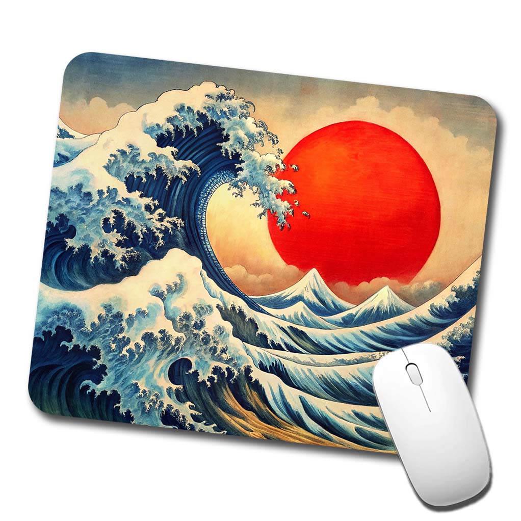 Japanese Blue Ocean Waves Large Red Sun Ink Painting Low Profile Mouse Pad Mat