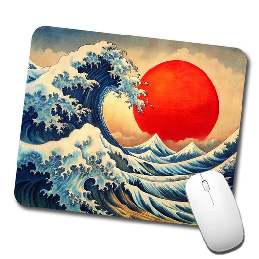 Japanese Blue Ocean Waves Large Red Sun Ink Painting Low Profile Mouse Pad Mat
