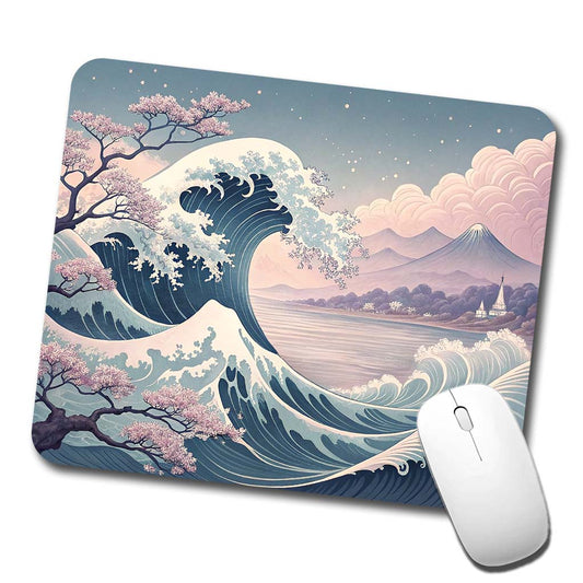 Japanese Blue Pink Ocean Waves and Sakura Blossoms Low Profile Mouse Pad Mat