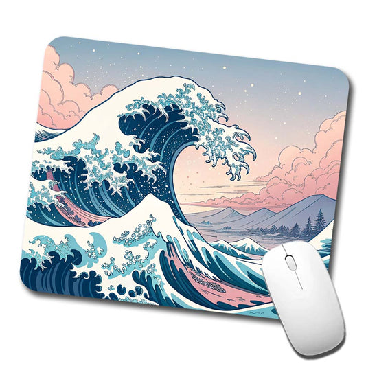 Japanese Blue Pink Ocean Waves Low Profile Mouse Pad Mat