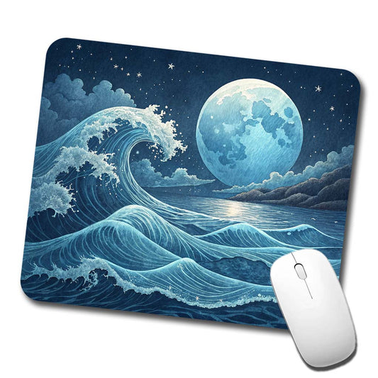 Japanese Ocean Waves Under Large Moon Low Profile Mouse Pad Mat