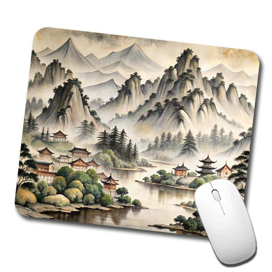 Japanese Style Ink Painting Lake and Mountains Landscape Low Profile Mouse Pad Mat